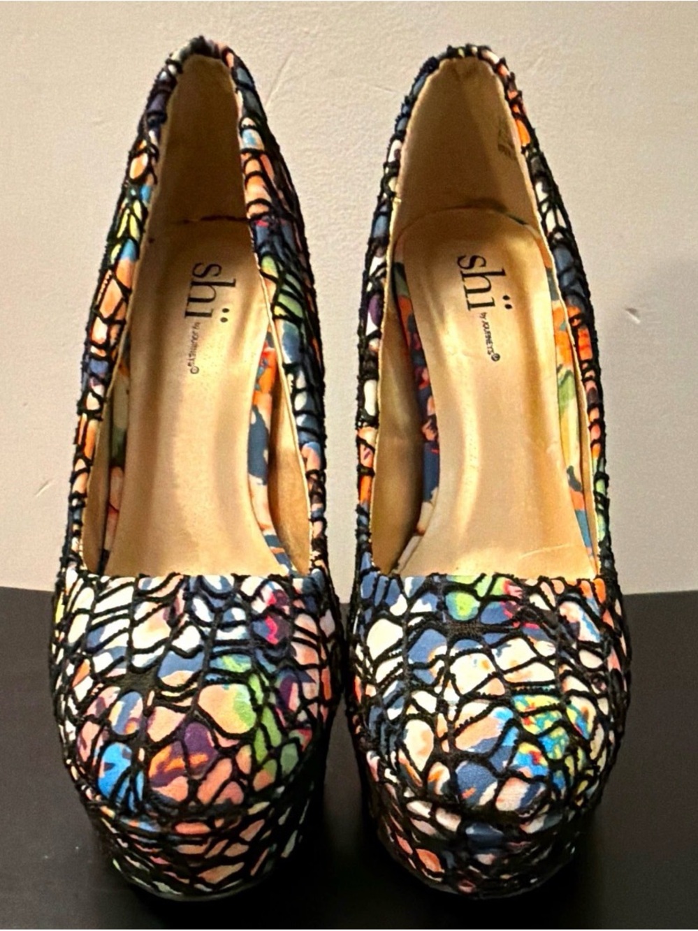 Shi by JOURNEYS Multicolor Platform Pumps with Black Lace Overlay